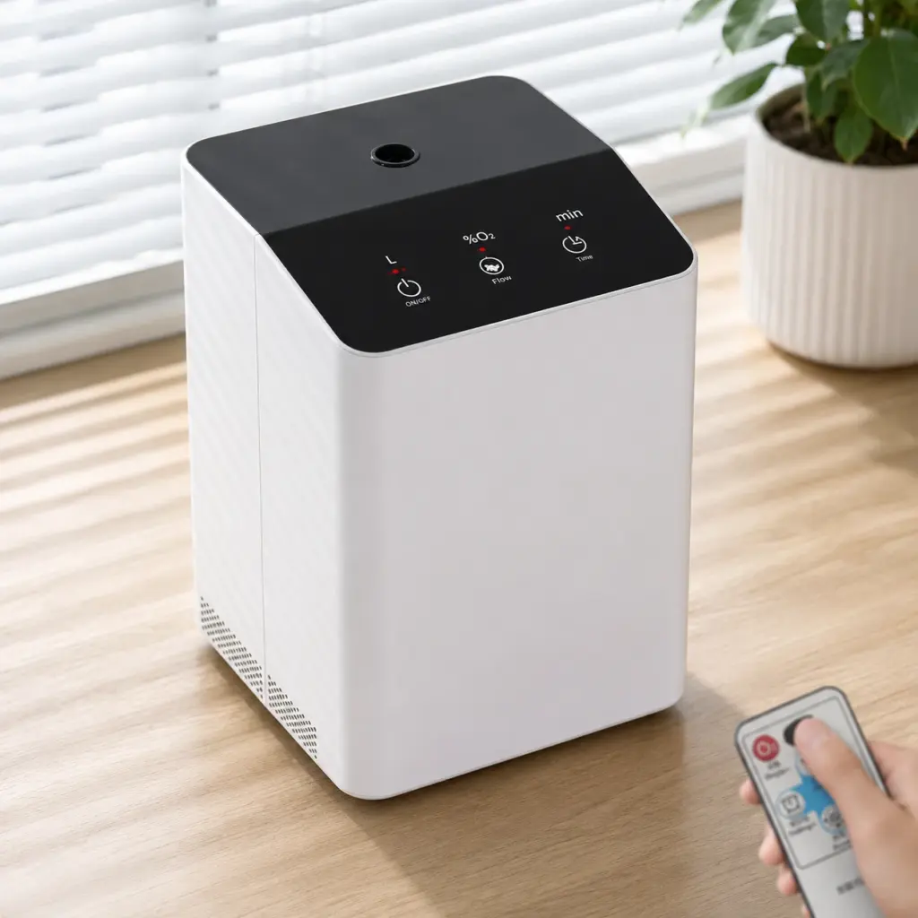 YK-001C oxygen concentrator with remote control in a bright home setting